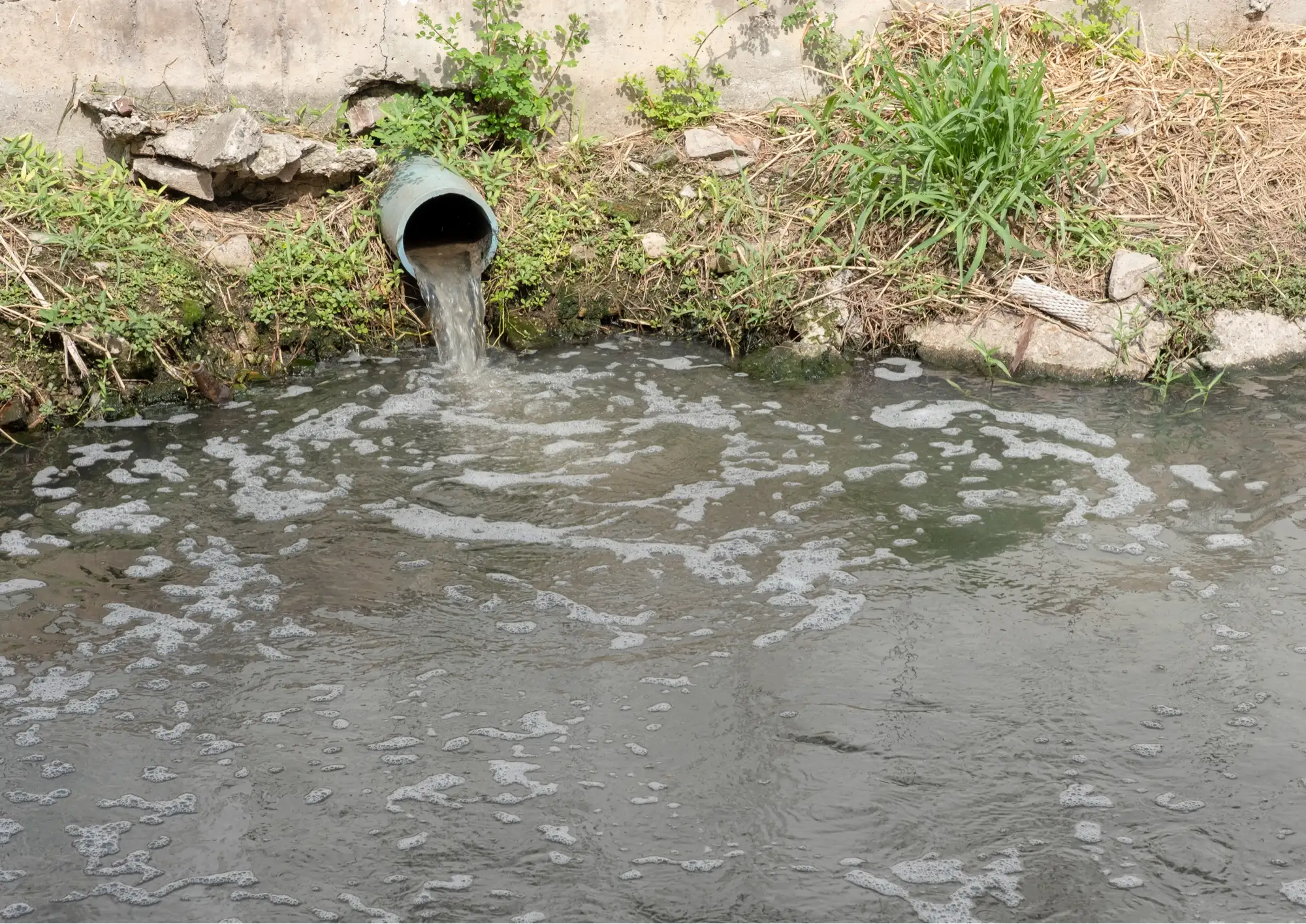 Water flowing from a drainage pipe into a stream